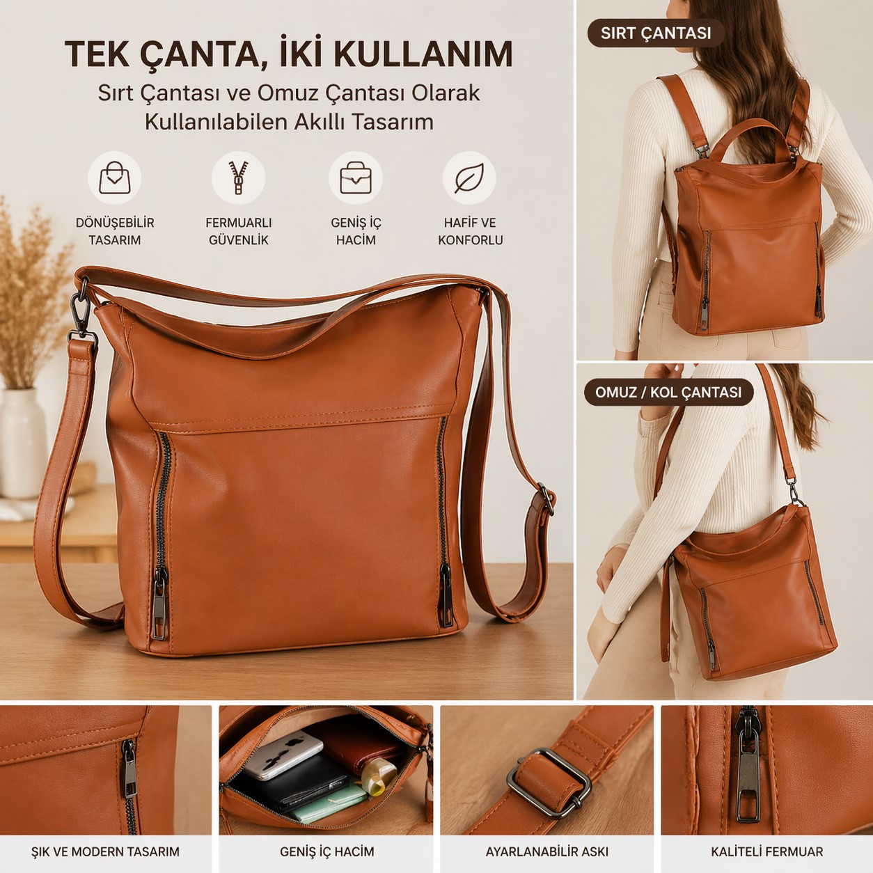 taba kadın dönüşebilir çanta sırt ve omuz kullanımlı akıllı çok fonksiyonlu çanta