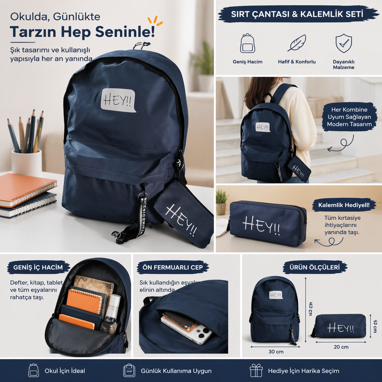 lacivert hey yazı detaylı sırt çantası ve kalemlik seti günlük okul çantası
