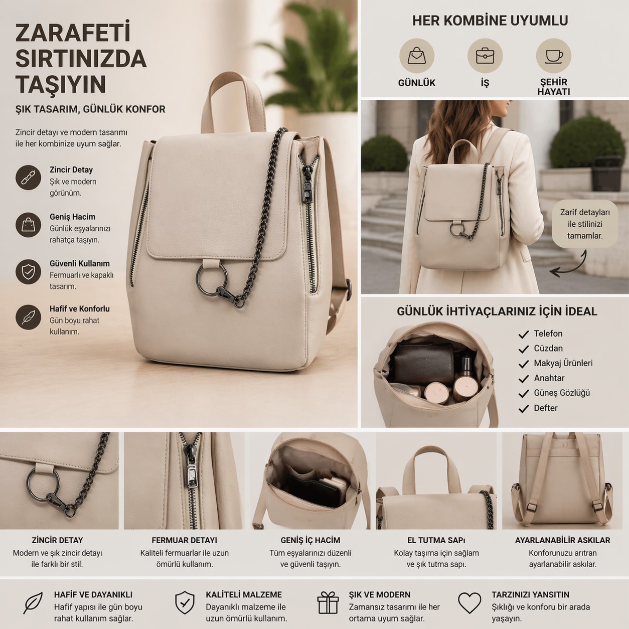 krem kadın sırt çantası zincir detaylı şık günlük kullanım çanta