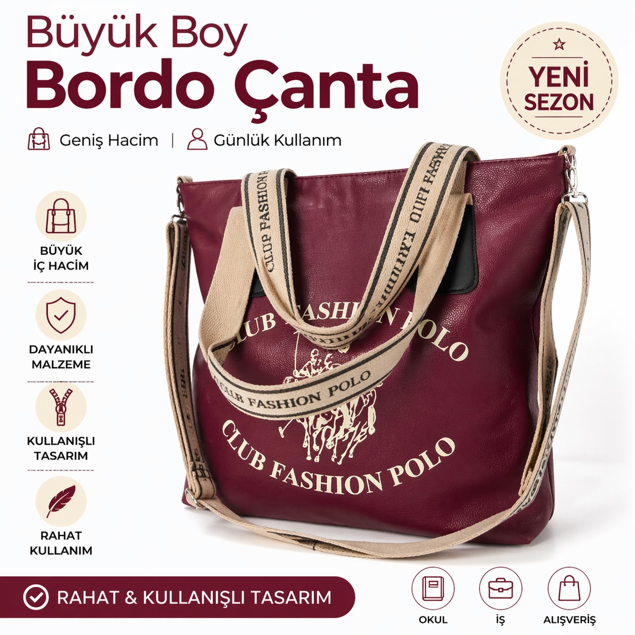 büyük boy bordo kadın omuz çantası geniş hacimli günlük kullanım çanta
