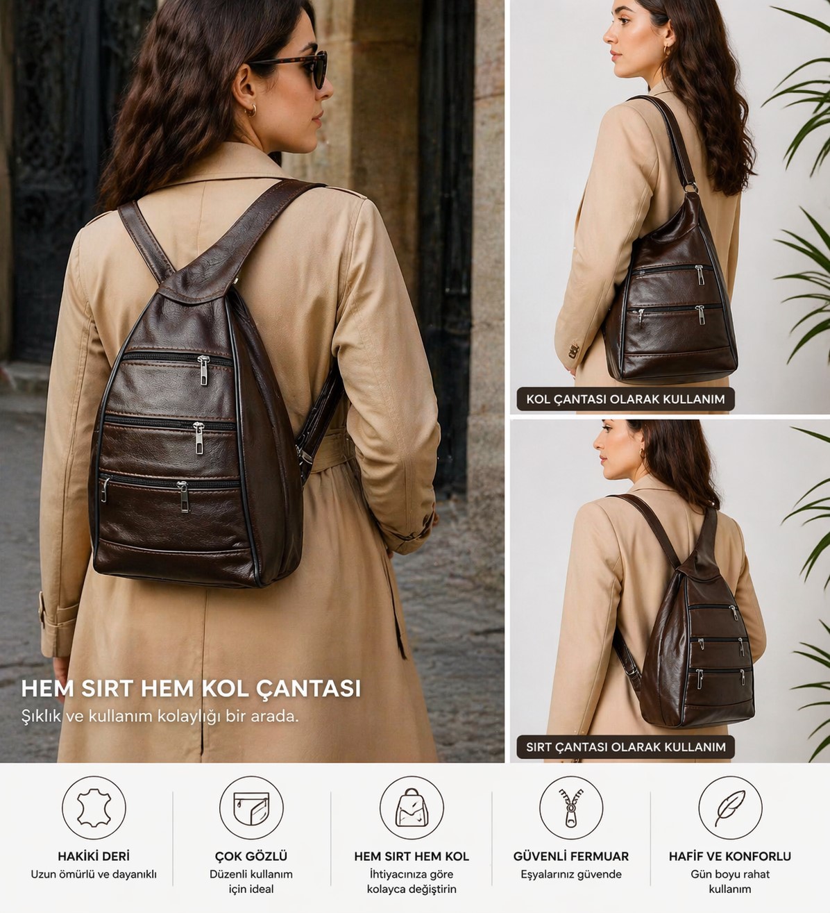 kahve hakiki deri akıllı kadın sırt ve kol çantası çok fonksiyonlu şık çanta
