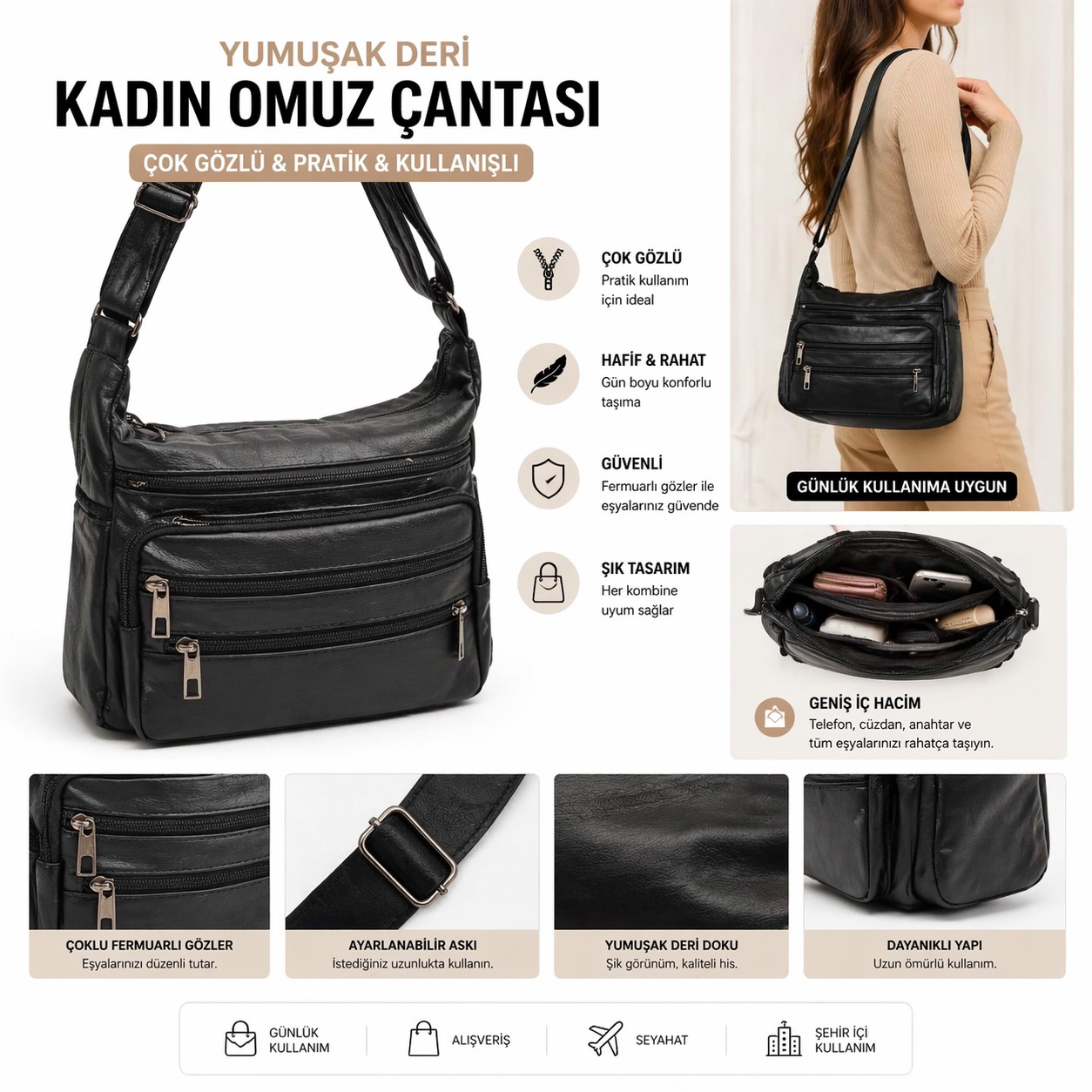 siyah yumuşak deri kadın omuz çantası çok gözlü günlük kullanım çanta
