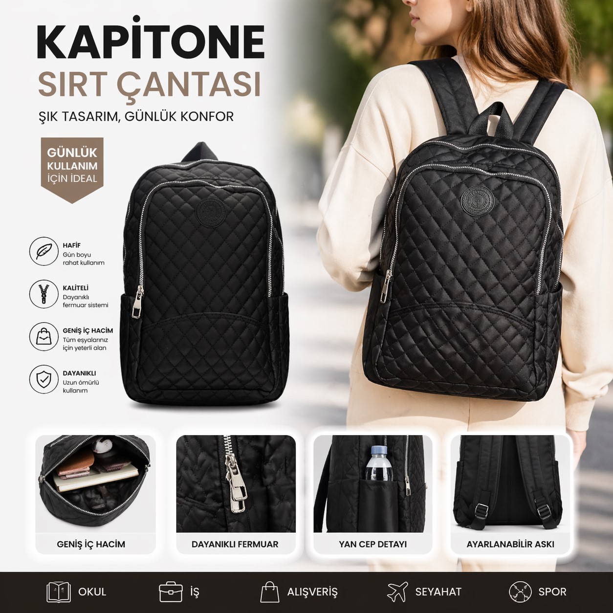 siyah kapitone kadın sırt çantası şık ve günlük kullanım çanta
