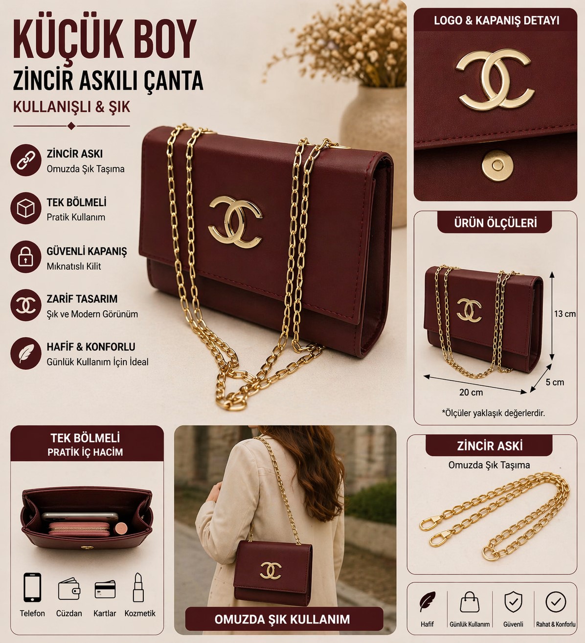 bordo küçük boy kadın çanta zincir askılı şık omuz ve çapraz çanta