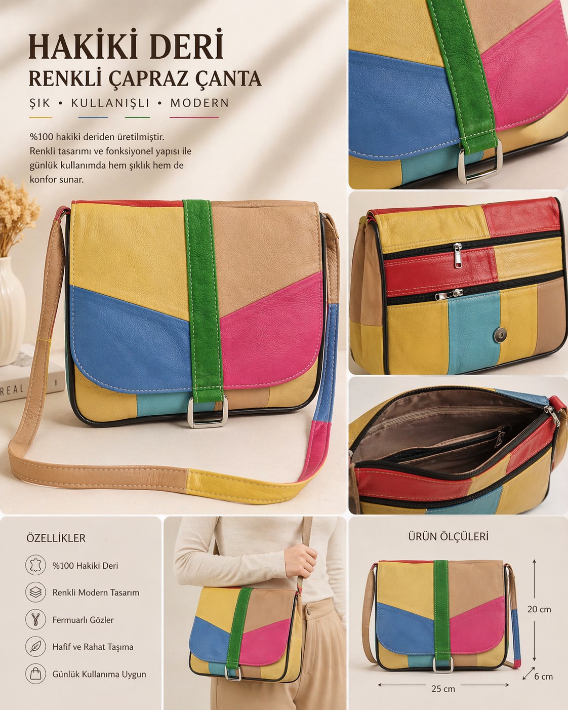 renkli hakiki deri kadın çapraz çanta patchwork tasarım şık omuz çantası