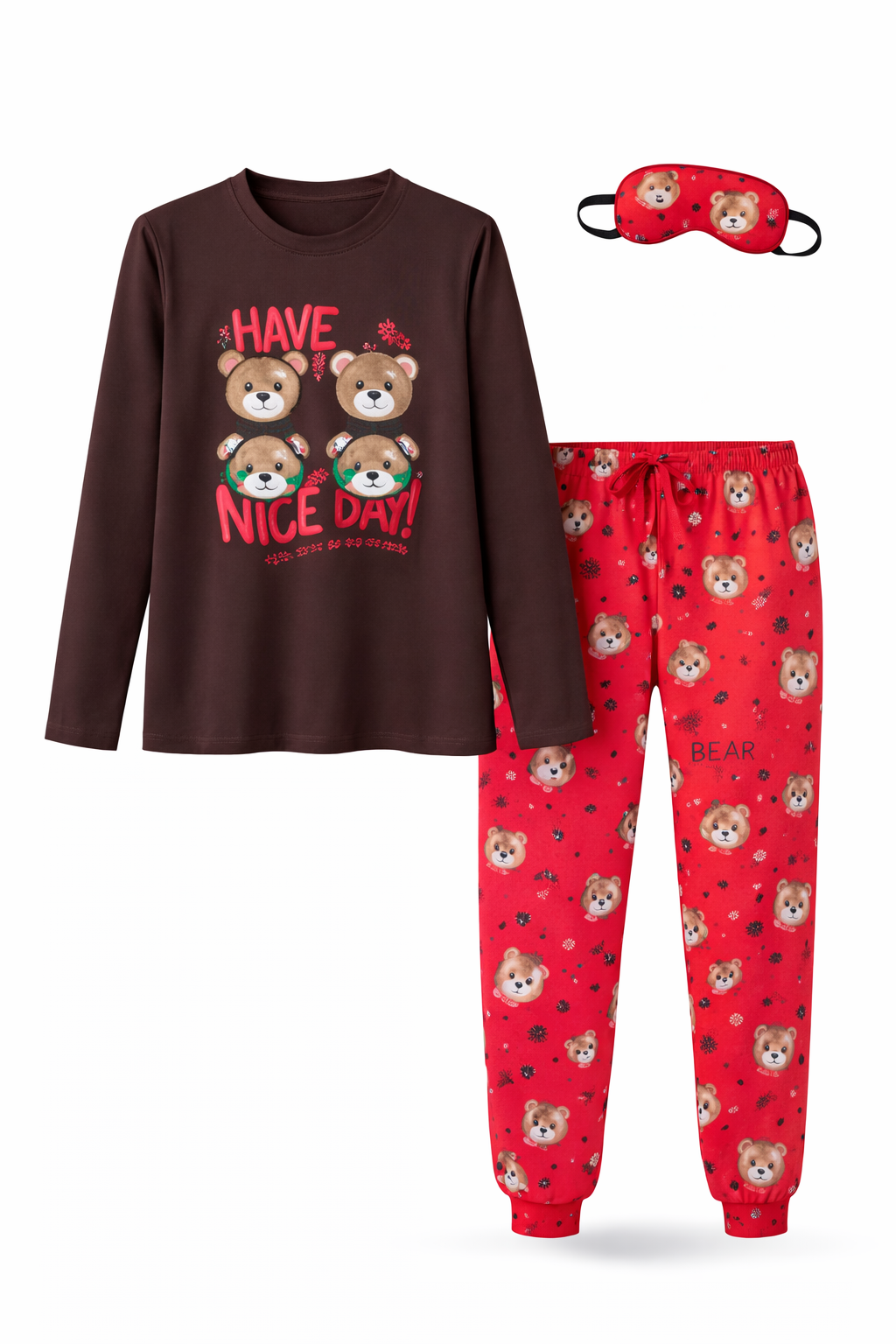 Ayıcık Desenli Uzun Kollu Kadın Pijama Takımı Kırmızı - Kahverengi S Beden