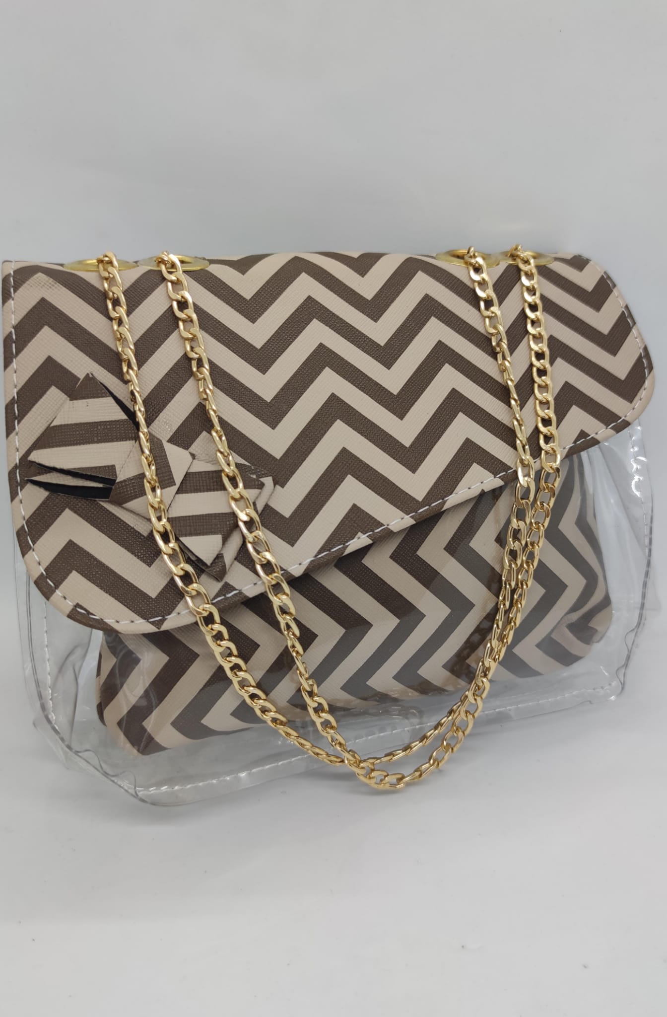 şeffaf ikili kadın çanta kahve renkli zincir askılı trend yazlık omuz çantası