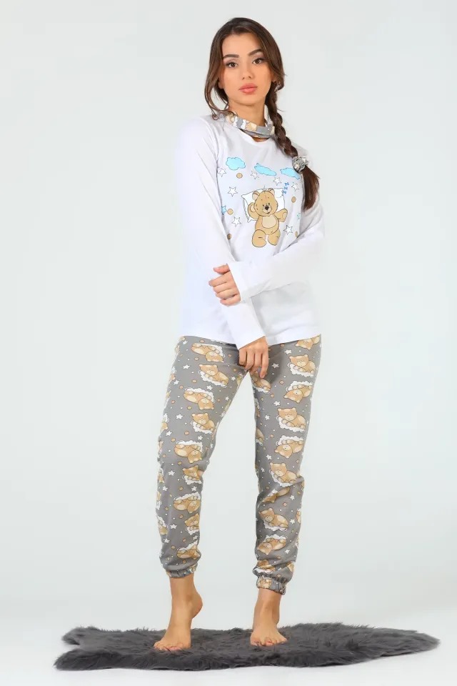 Ayıcık Desenli Uzun Kollu Kadın Pijama Takımı Gri - Ekru
