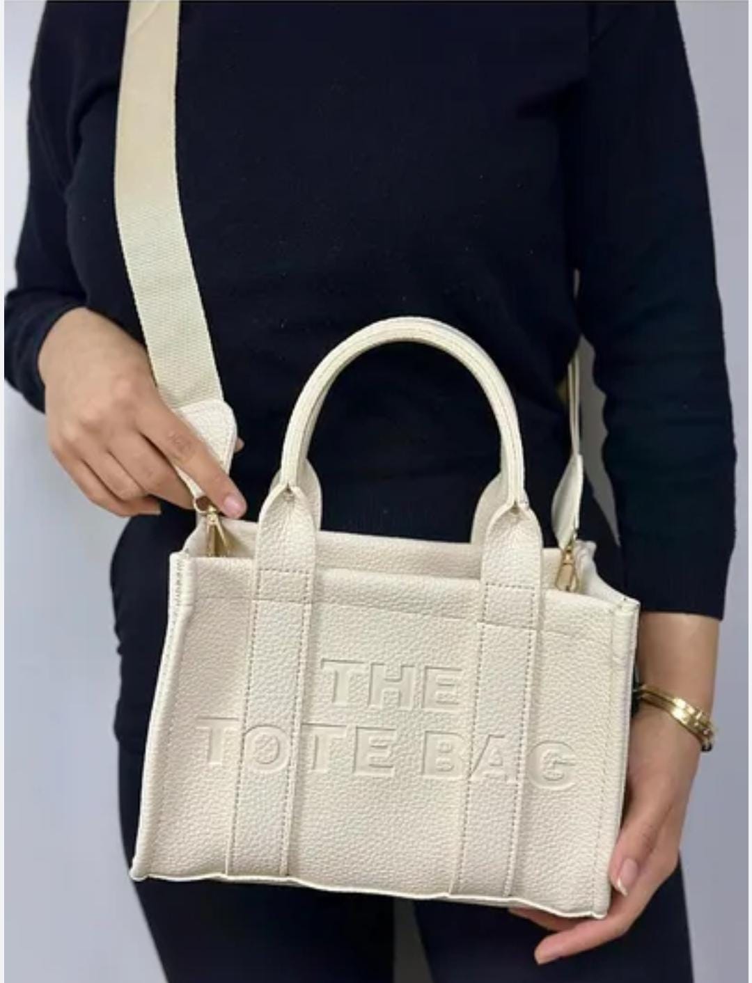krem yazılı tote bag kadın kol çantası şık günlük kullanım bez çanta