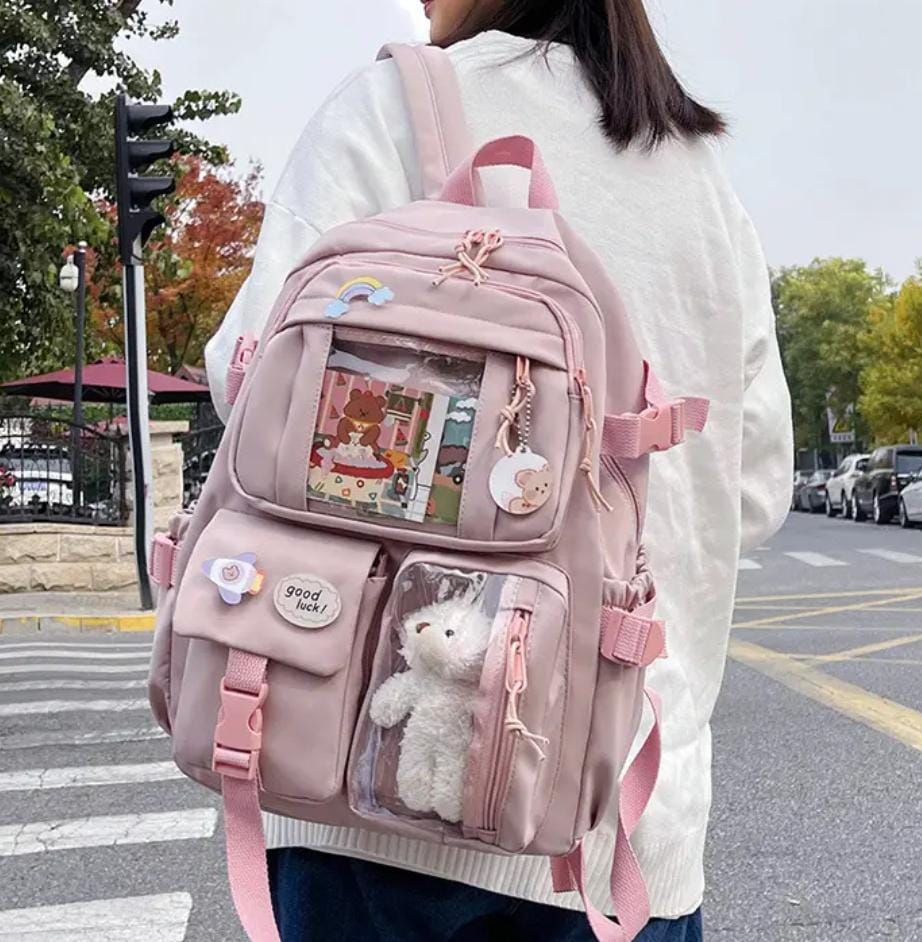 Kız Çocuk Okul Çantası Büyük Boy Çok Cepli Peluş Aksesuarlı Pembe Sırt Çantası - Görsel 2
