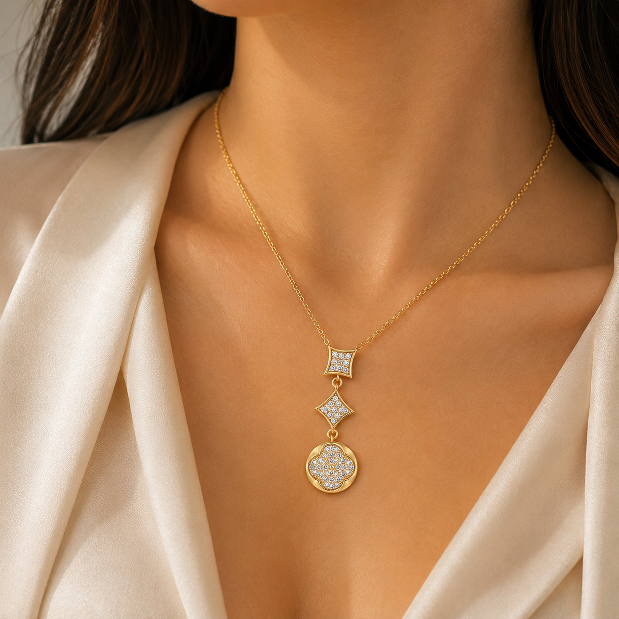 Gold renk geometrik taş detaylı çelik kolye modeli