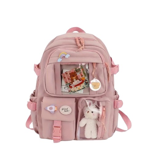 kız çocuk pembe okul çantası büyük boy çok cepli peluş aksesuarlı sırt çantası