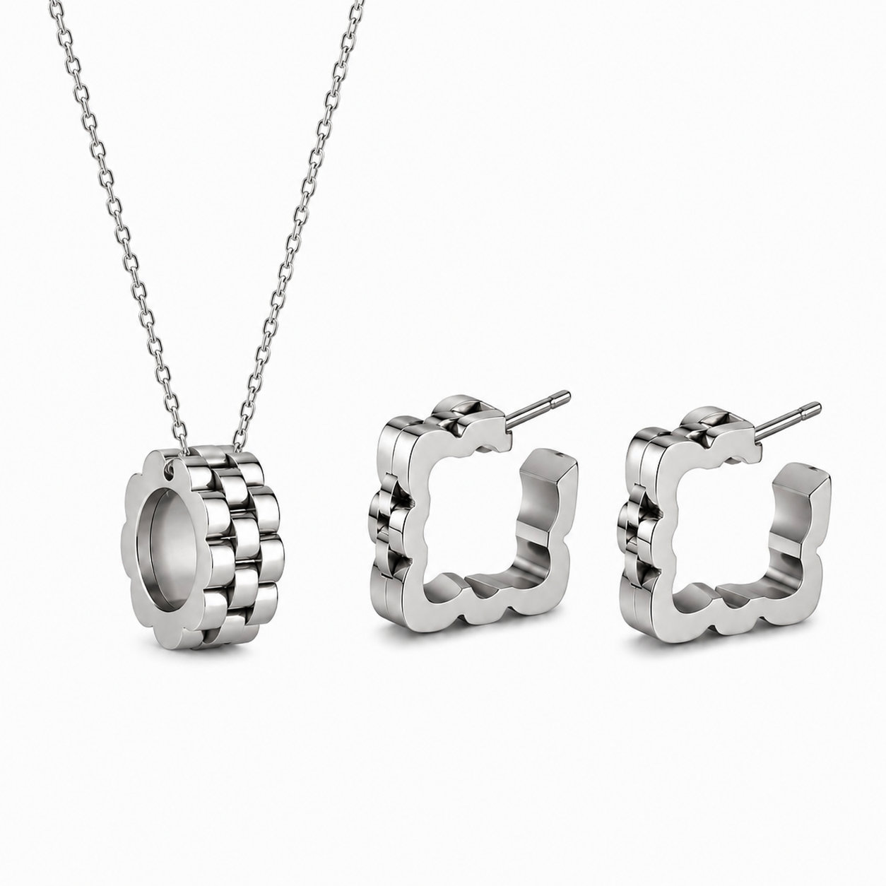 Silver Renk Modern Zincir Desenli Çelik Kolye ve Küpe Seti
