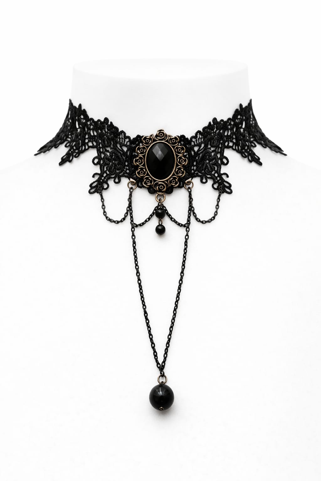 Siyah dantel detaylı zincir aksesuarlı vintage gotik choker kolye modeli