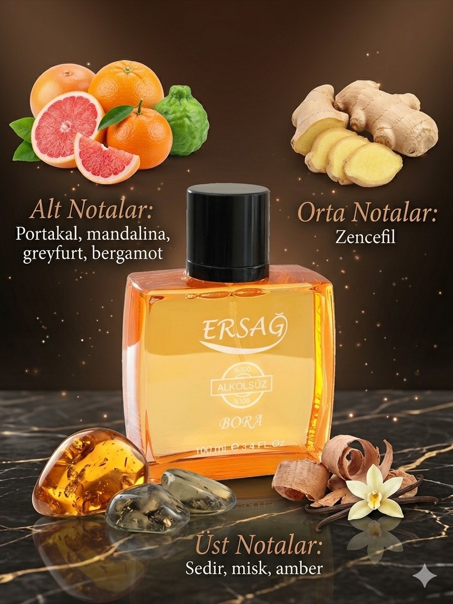 ersağ bora alkolsüz erkek parfümü 100 ml narenciye amber odunsu erkek kokusu