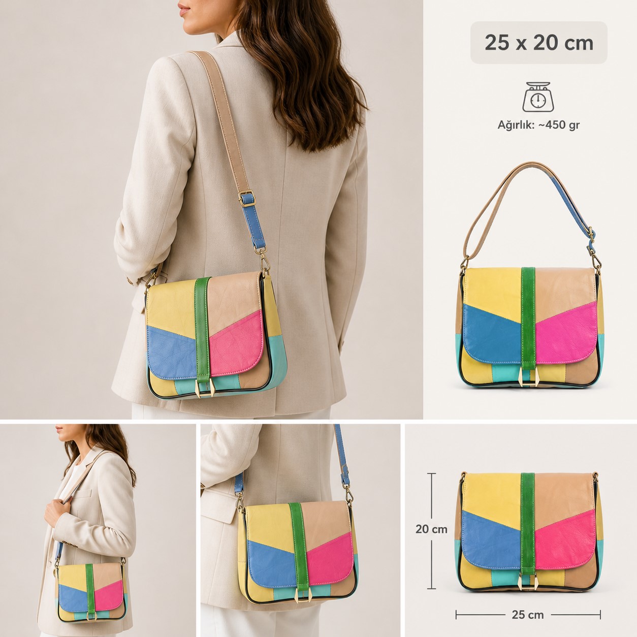Renkli Hakiki Deri Kadın Çapraz Çanta 25x20 cm Patchwork Tasarım Şık Omuz Çanta - Görsel 7
