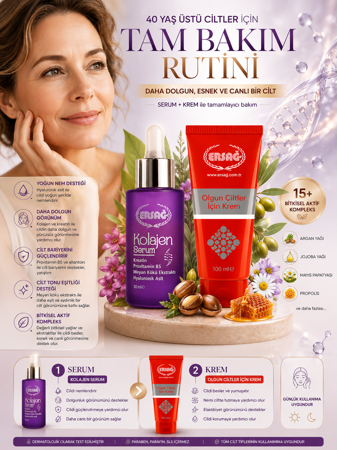 Ersağ 40 Yaş Üstü Tam Bakım Rutini | Kolajen Serum + Olgun Ciltler İçin Krem