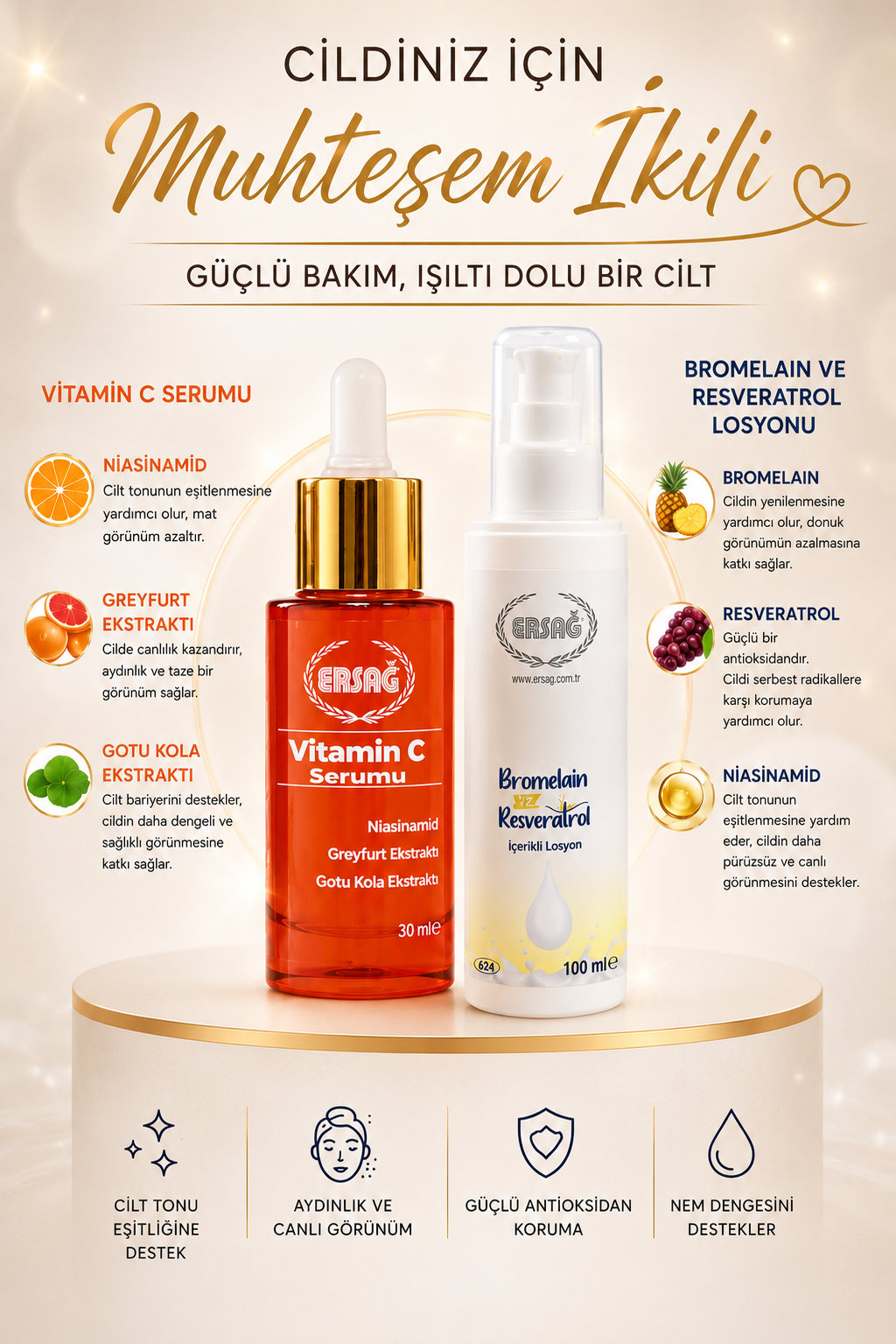Ersağ Aydınlık Görünüm ve Antioksidan Bakım Seti | C Vitamini Serum + Bromelain & Resveratrol Losyon